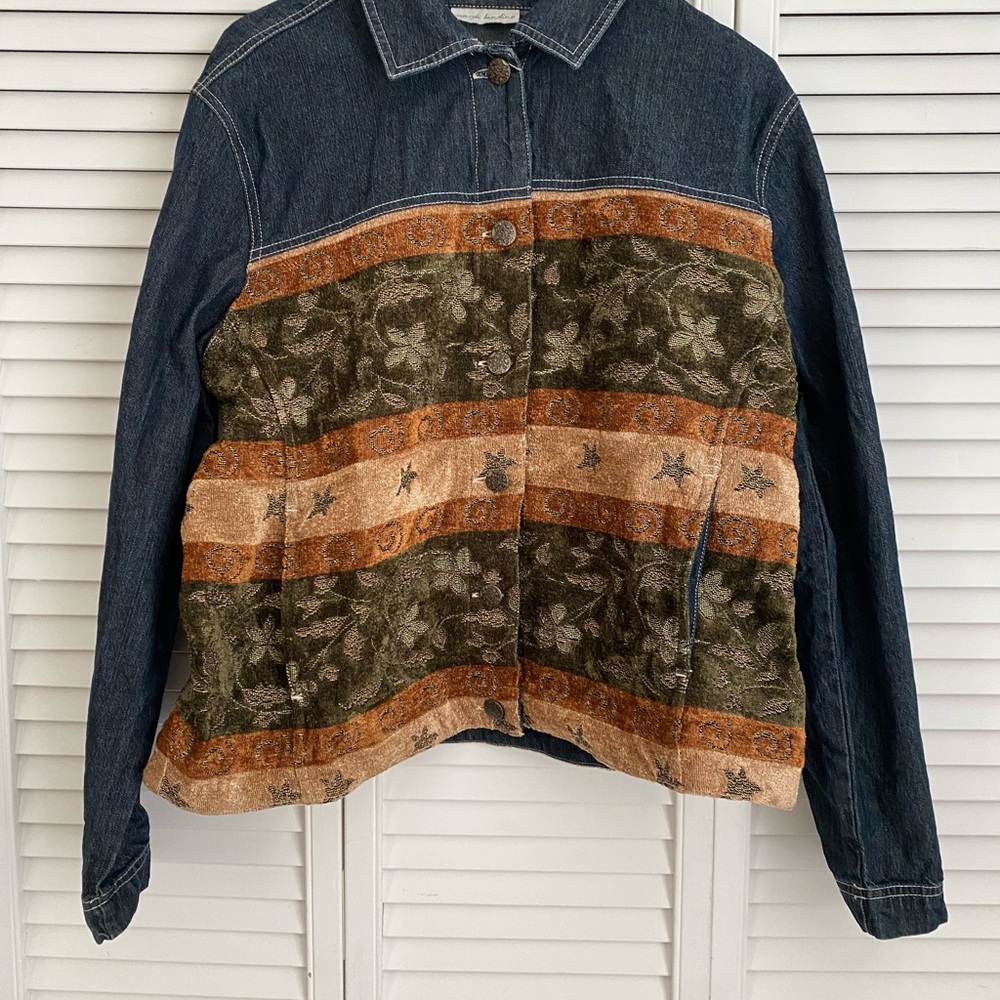 Women’s Jean Jacket Marsh Landing Large Denim Artsy Leaves Fall Autumn Large
